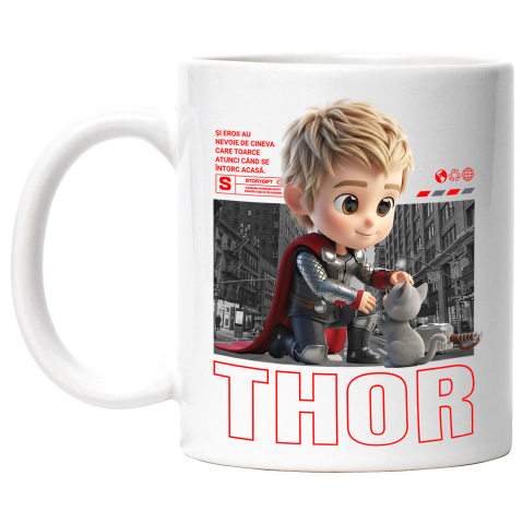 Pisici - Cana Cu Thor si Pisicuta – Aventura Legendară Ceramica, 330ML, cu Maner Alb