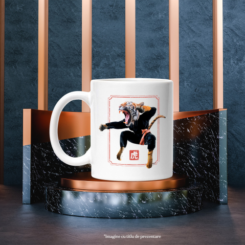 Cana Cu Tigru, Kung Fu, Karate, Centura, Luptator, Iubitori De Sport, Multicolor 330 ml, Ceramica cu Maner Alb [2]