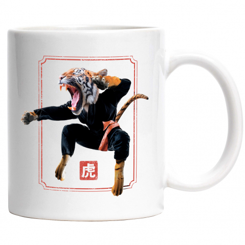 Maner Alb - Cana Cu Tigru, Kung Fu, Karate, Centura, Luptator, Iubitori De Sport, Multicolor 330 ml, Ceramica cu Maner Alb
