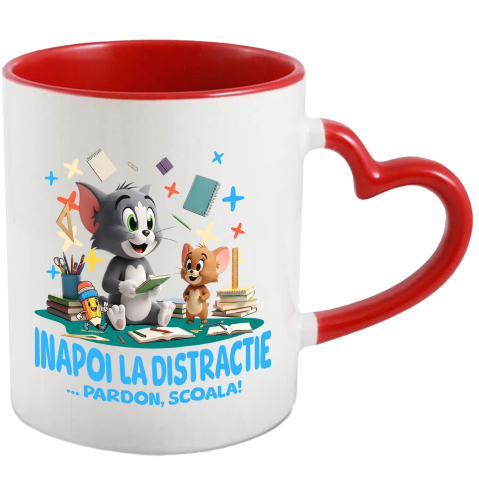 Amuzante - Cana Cu Tom and Jerry – Prieteni, Zambet Si Scoala Ceramica, 330ML, cu Maner Inima Rosie