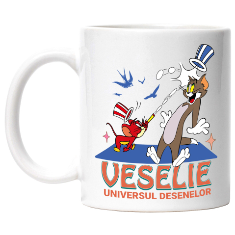 Desene Animate - Cana Cu Tom and Jerry - Razboiul pisicii si soarecului Ceramica, 330ML, cu Maner Alb