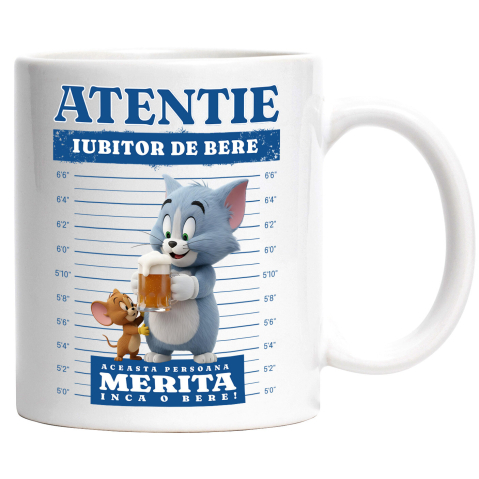 Căni - Cana Cu Tom and Jerry: Un Cadou si o Bere Ceramica, 330ML, cu Maner Alb