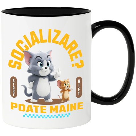 Cani Personalizate - Cana Cu Tom si Jerry: Aventuri Pe Skateboard , Degetul Mijlociu, Socializare? Poate maine, Anti-social, Ceramica, 330ML