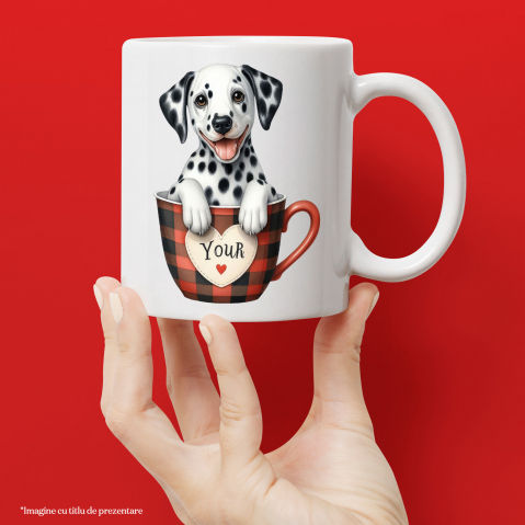 Cana cu un catel Dalmatian, ilustratiesta intr-o ceasca, important, cafea, afectiune, grija, prietenul omului cu Maner Alb [1]