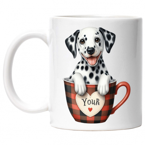 Maner Alb - Cana cu un catel Dalmatian, ilustratiesta intr-o ceasca, important, cafea, afectiune, grija, prietenul omului cu Maner Alb
