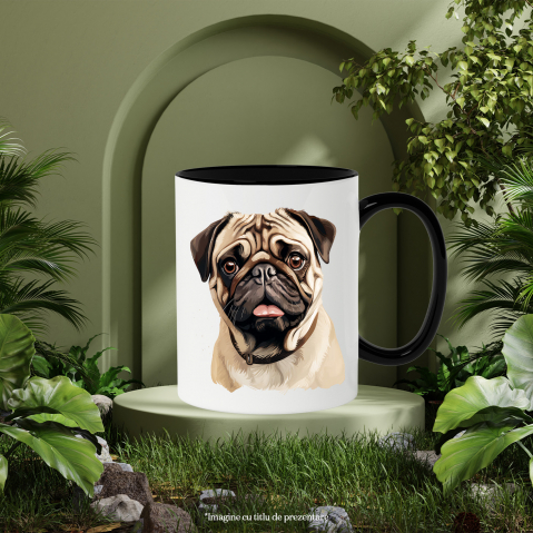 Cana cu un catel Pug, ilustratie, zgarda, pentru iubitorii de caini, ochi tristi cu Maner Negru [1]