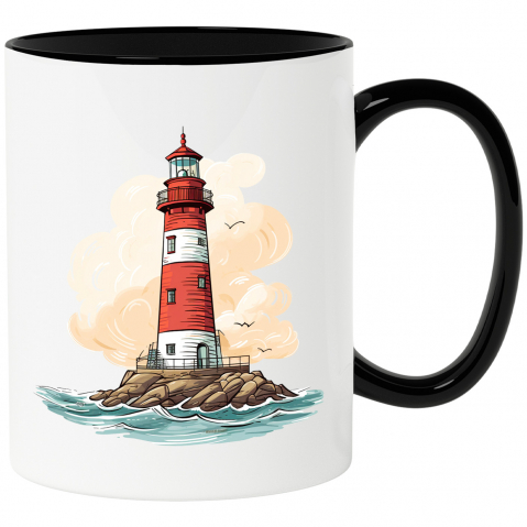 Maner Negru - Cana cu un far | ilustratie | pasari | mare | apa | arta vectoriala | navigatie | carma | 330ml | Ceramica cu Maner Negru