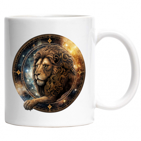 Maner Alb - Cana cu un leu serios | ilustratie | arta abstracta | cerc | zodie | galaxie | stele | 330ml | Ceramic cu Maner Alb