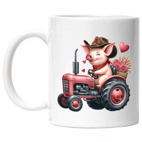 Maner Alb - Cana cu un purcelus care conduce un tractor, ilustratie, trandafiri, ferma, inimioare, pasiune, palarie de cowboy cu Maner Alb