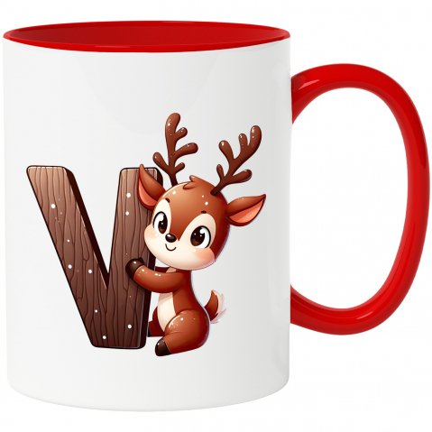 Maner Rosu - Cana cu un ren care tine litera "V" | fericire | scoala | pentru copii | invata | alfabet | abecedar | limba romana | 330ml | Ceramic cu Maner Rosu