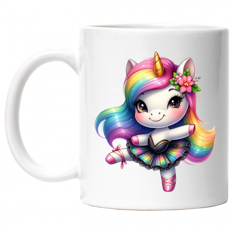 Maner Alb - Cana cu un unicorn care danseaza | ilustratie | balet | rochita | imbujorata | talent | pasiune | floare | 330ml | Ceramic cu Maner Alb