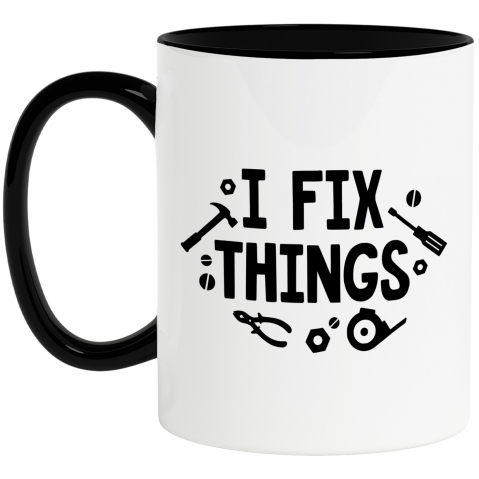Maner Negru - Cana cu unelte si mesajul in engleza "I fix things" - eu repar lucruri cu Maner Negru