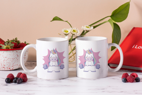 Cana Cu Unicorn Care Ridica Greutati, Roz, Fitness, Gym, Sportivi, Multicolor, 330 ml, Maner Alb [2]