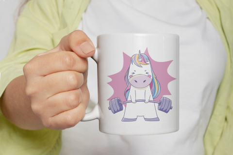 Cana Cu Unicorn Care Ridica Greutati, Roz, Fitness, Gym, Sportivi, Multicolor, 330 ml, Maner Alb [1]