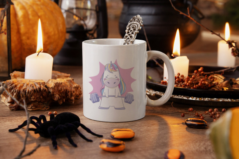 Cana Cu Unicorn Care Ridica Greutati, Roz, Fitness, Gym, Sportivi, Multicolor, 330 ml, Maner Alb [3]