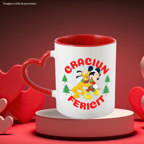 Cana Cu Univers Disney cu Mickey Mouse si Pluto de Craciun Ceramica, 330ML, cu Maner Inima Rosie [2]