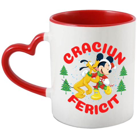 Căni - Cana Cu Univers Disney cu Mickey Mouse si Pluto de Craciun Ceramica, 330ML, cu Maner Inima Rosie