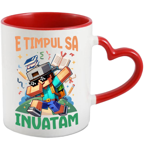 Lume Digitala - Cana Cu Veselie si Creativitate cu Minecraft Ceramica, 330ML, cu Maner Inima Rosie