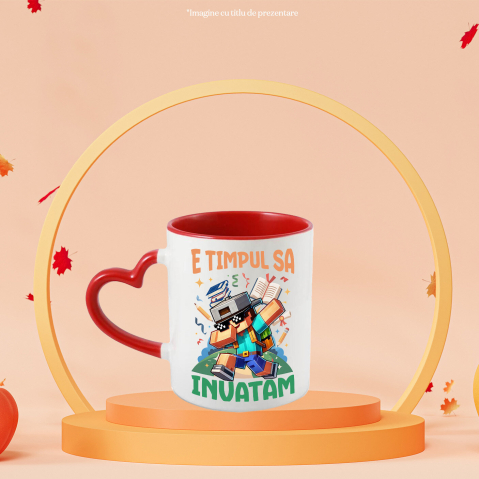 Cana Cu Veselie si Creativitate cu Minecraft Ceramica, 330ML, cu Maner Inima Rosie [1]