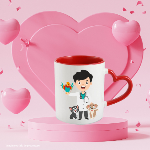 Cana Cu Veterinar, Papagal, Caine, Pisica, Halat, Stetoscop, Medicina, Multicolor 330 ml, Ceramica cu Maner Inima Rosie [2]