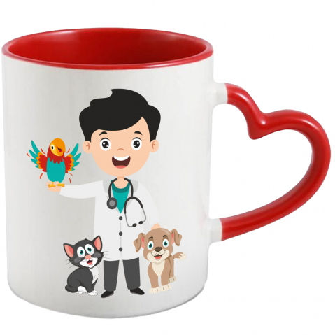 Maner Inima Rosie - Cana Cu Veterinar, Papagal, Caine, Pisica, Halat, Stetoscop, Medicina, Multicolor 330 ml, Ceramica cu Maner Inima Rosie