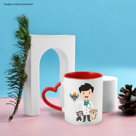 Cana Cu Veterinar, Papagal, Caine, Pisica, Halat, Stetoscop, Medicina, Multicolor 330 ml, Ceramica cu Maner Inima Rosie [1]
