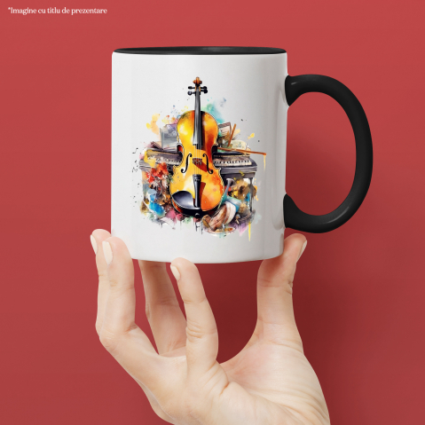 Cana Cu Violoncel, Instrumente Muzicale, Pian, Flori, Arcus, Multicolor 330 ml, Ceramica cu Maner Negru [2]
