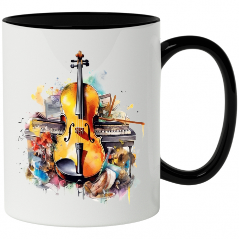 Maner Negru - Cana Cu Violoncel, Instrumente Muzicale, Pian, Flori, Arcus, Multicolor 330 ml, Ceramica cu Maner Negru
