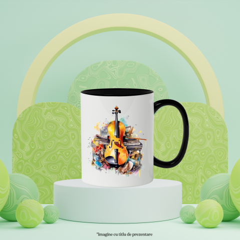 Cana Cu Violoncel, Instrumente Muzicale, Pian, Flori, Arcus, Multicolor 330 ml, Ceramica cu Maner Negru [1]
