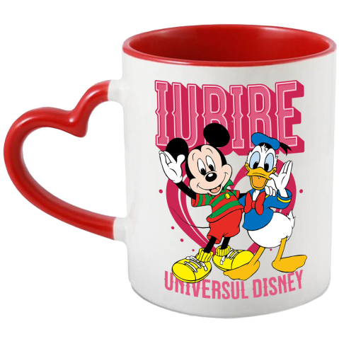 Căni - Cana Cu Zambete si Prietenie – Mickeysi Donald Ceramica, 330ML, cu Maner Inima Rosie