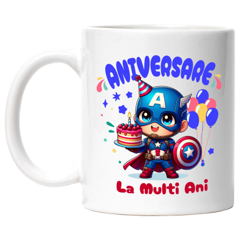 Căni - Cana Cu Zi de Nastere cu Scut si Curaj – Captain America Ceramica, 330ML, cu Maner Alb