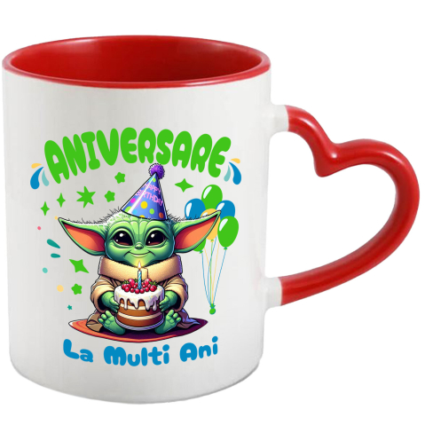 Căni - Cana Cu Zi de Nastere Magica cu Baby Yoda Ceramica, 330ML, cu Maner Inima Rosie