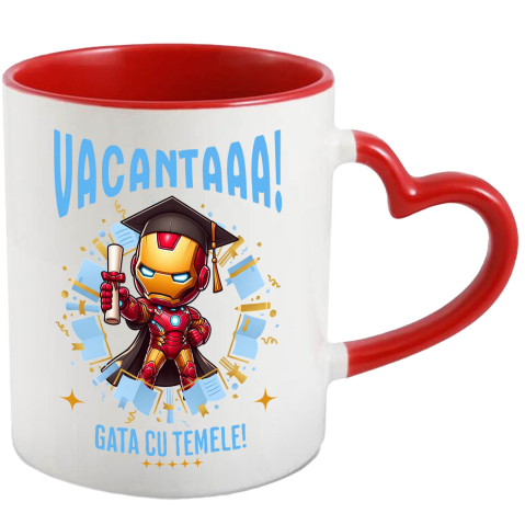Educatie - Cana Cu Zile de Vacanta cu Iron Man si Diplome Ceramica, 330ML, cu Maner Inima Rosie