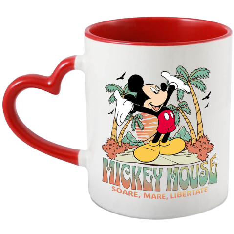 Desene Animate - Cana Cu Zile Insorite cu Mickey Mouse si Palmierii Ceramica, 330ML, cu Maner Inima Rosie