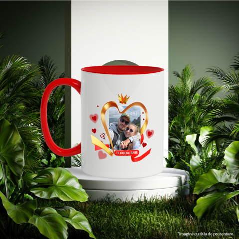 Cana Cuplu Fericit, Coroana Regala, Inimi Rosii, Mesaj Personalizat cu Maner si Interior Rosu [2]