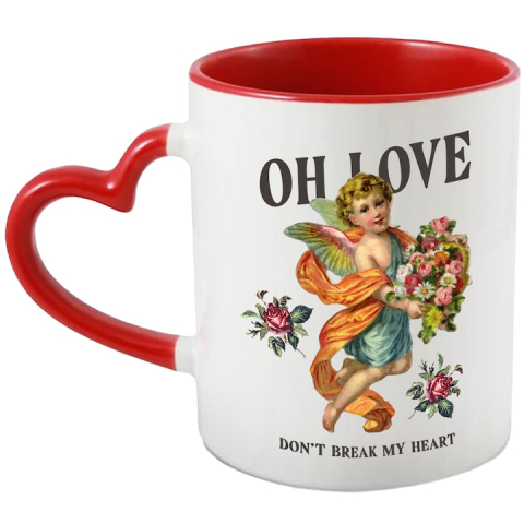 Maner Inima Rosie - Cana Declaratie de Iubire, Oh Love, Don’t Break My Heart, Inger, Flori, Aripi, Ceramica , 330 ml, Multicolor cu maner Inima Rosie