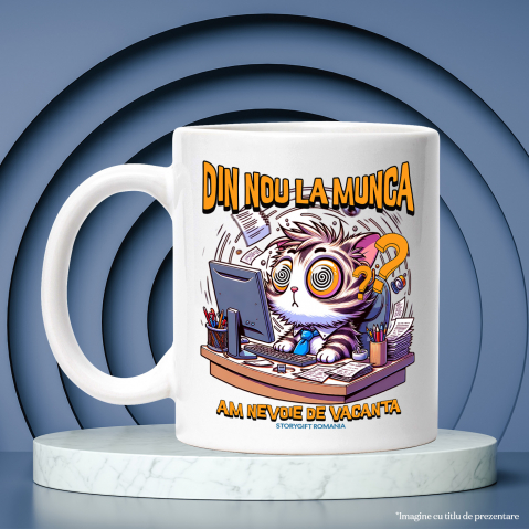 Cana din nou la munca pisica la birou work from home, 330ml, Ceramic cu Maner Alb [2]