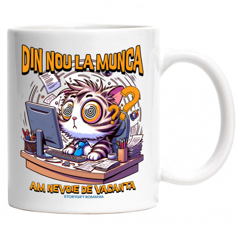 Maner Alb - Cana din nou la munca pisica la birou work from home, 330ml, Ceramic cu Maner Alb