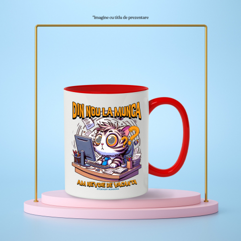 Cana din nou la munca pisica la birou work from home, 330ml, Ceramic cu Maner Rosu [2]