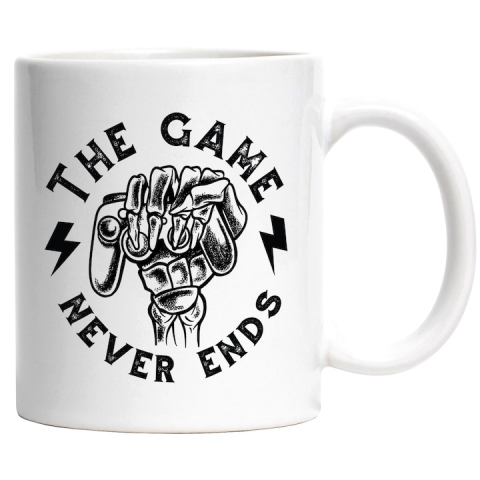 Maner Alb - Cana Gamer, Jocul nu Se Termina Niciodata, Controller, Joystick, Skelet, The Game Never Ends, Ceramica , 330 ml, Multicolor cu maner Alb