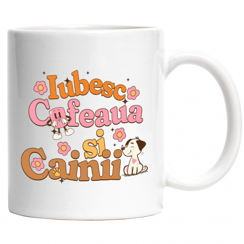 Maner Alb - Cana Iubesc cafeaua si caini animale mama, 330ml, Ceramic cu Maner Alb