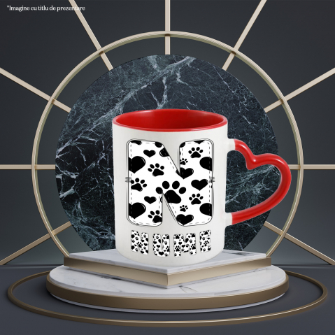 Cana Iubitorii De Animale, Laubuta, Text Personalizat, Culoare Alb Negru, Caine, Cu Litera, 330ML, Ceramica, Cu Maner Inima Rosie si Interior Rosu [1]