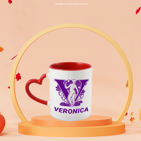 Cana Iubitorii De Arata Greceasca, Text Nume Personalizat, Statuie, Culoare Mov, Cu Litera, 330ML, Ceramica, Cu Maner Inima Rosie si Interior Rosu [1]