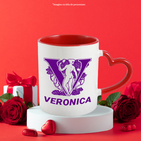 Cana Iubitorii De Arata Greceasca, Text Nume Personalizat, Statuie, Culoare Mov, Cu Litera, 330ML, Ceramica, Cu Maner Inima Rosie si Interior Rosu [2]