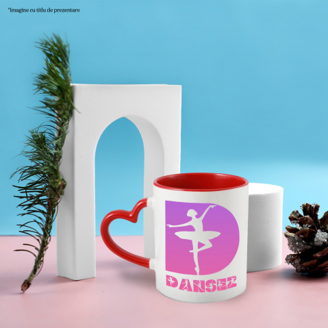 Cana Iubitorii De Balet, Silueta Dansatoare, Text Nume Personalizat, Copii, Culoare Roz, Cu Litera, 330ML, Ceramica, Cu Maner Inima Rosie si Interior Rosu [1]