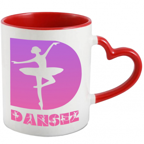 Sport - Cana Iubitorii De Balet, Silueta Dansatoare, Text Nume Personalizat, Copii, Culoare Roz, Cu Litera, 330ML, Ceramica, Cu Maner Inima Rosie si Interior Rosu