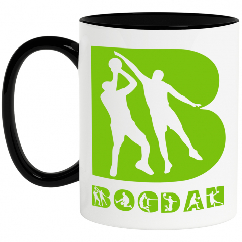 Sport - Cana Iubitorii De Bascketball, Minge, Siluete Sportivi, Text Nume Personalizat, Copii, Culoare Verde, Cu Litera, 330ML, Ceramica, Cu Maner si Interior Negru