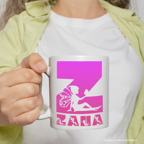 Cana Iubitorii De Basme Magice, Zana Cu aripi, Text Nume Personalizat, Culoare Roz, Cu Litera, 330ML, Ceramica, Cu Maner si Interior Alb [1]