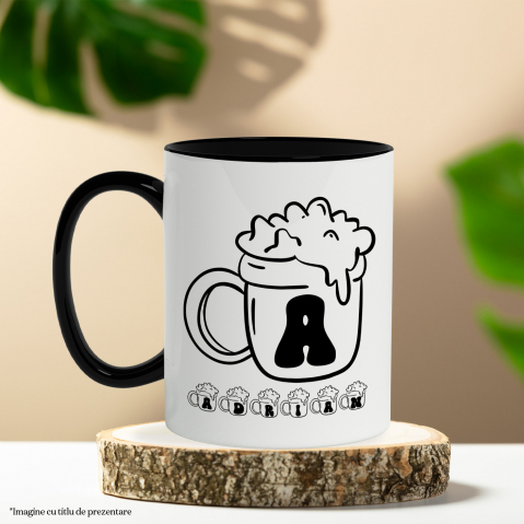Cana Iubitorii De Bere, Halba Plina, Text Nume Personalizat, Culoare Negru, Cu Litera, 330ML, Ceramica, Cu Maner si Interior Negru [2]