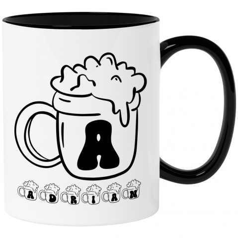 Cani Personalizate - Cana Iubitorii De Bere, Halba Plina, Text Nume Personalizat, Culoare Negru, Cu Litera, 330ML, Ceramica, Cu Maner si Interior Negru